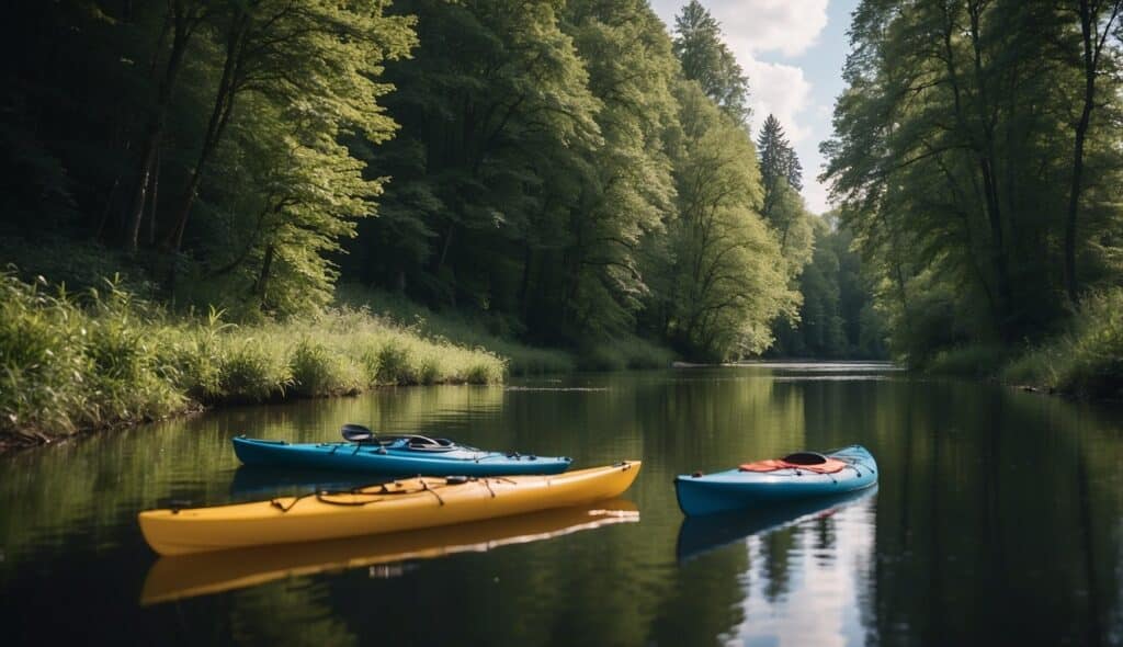 A serene river winding through lush green forests, with kayaks gliding peacefully on the water, surrounded by the beauty of German nature