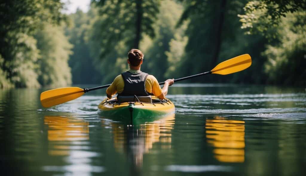 A kayaker navigating through a serene German river, surrounded by lush greenery and tranquil waters