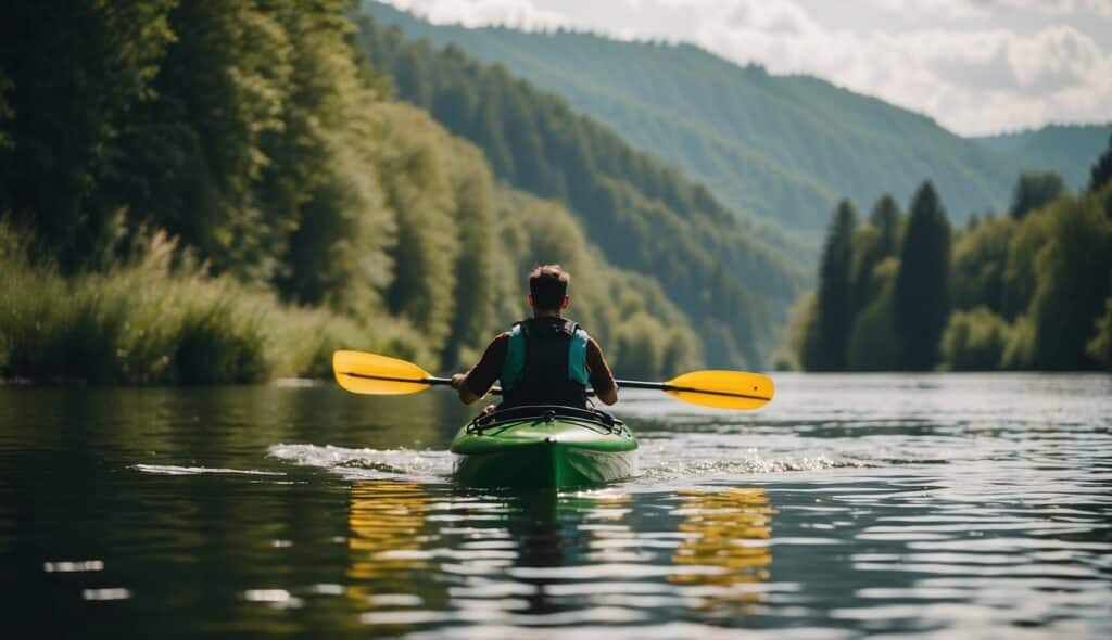 A kayaker paddling through the calm waters of a scenic German river, surrounded by lush green forests and picturesque countryside