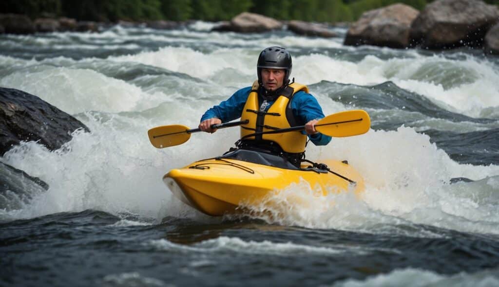 A freestyle kayak glides through rushing rapids, twisting and turning with grace and precision. Water splashes and foam swirls around the sleek, agile vessel as it navigates the powerful currents