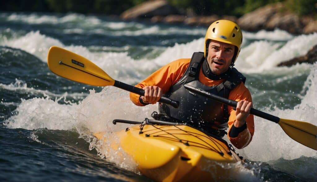 A freestyle kayaker demonstrating advanced techniques and tricks on a rushing river, showcasing skill and precision