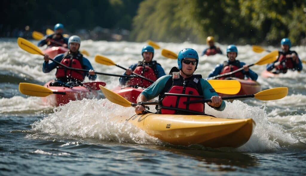 A freestyle kayaking competition with athletes performing tricks and maneuvers in a whitewater river