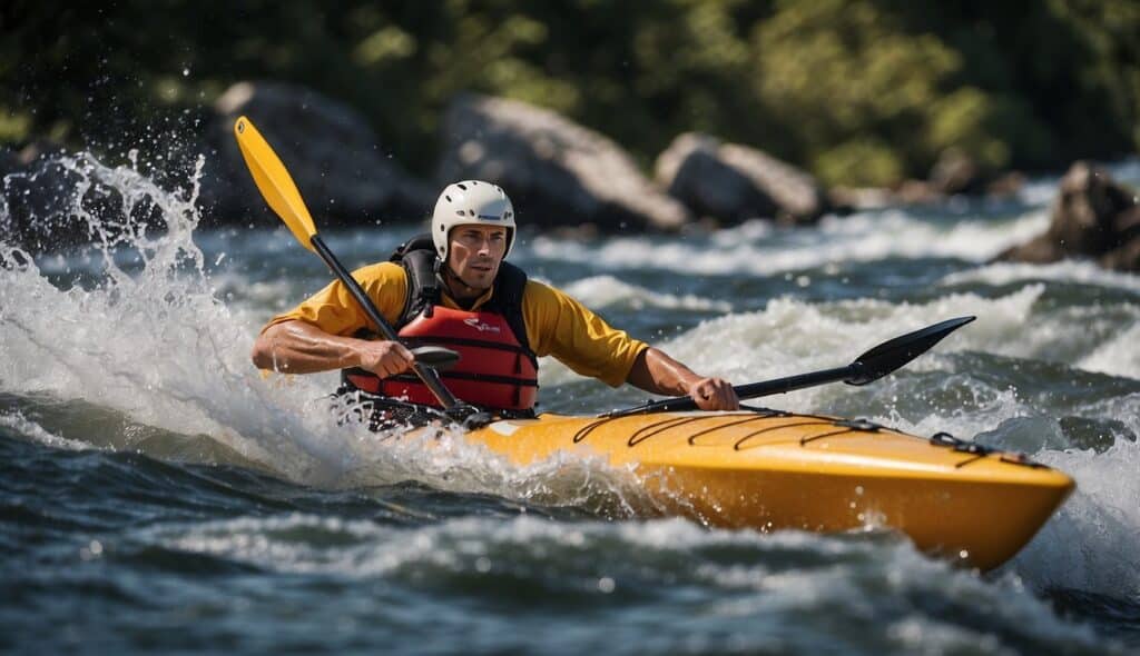 A freestyle kayaker navigates through turbulent waters, executing dynamic spins and flips with precision and grace. The water splashes and the kayak tilts, creating a sense of excitement and skill